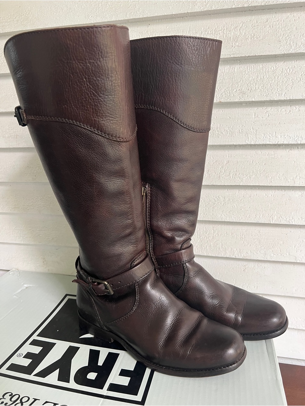 Frye Dark Brown Leather Tall Riding Boots with Buckle